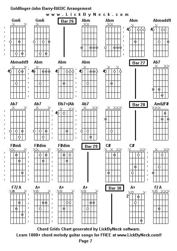 Chord Grids Chart of chord melody fingerstyle guitar song-Goldfinger-John Barry-BASIC Arrangement,generated by LickByNeck software.